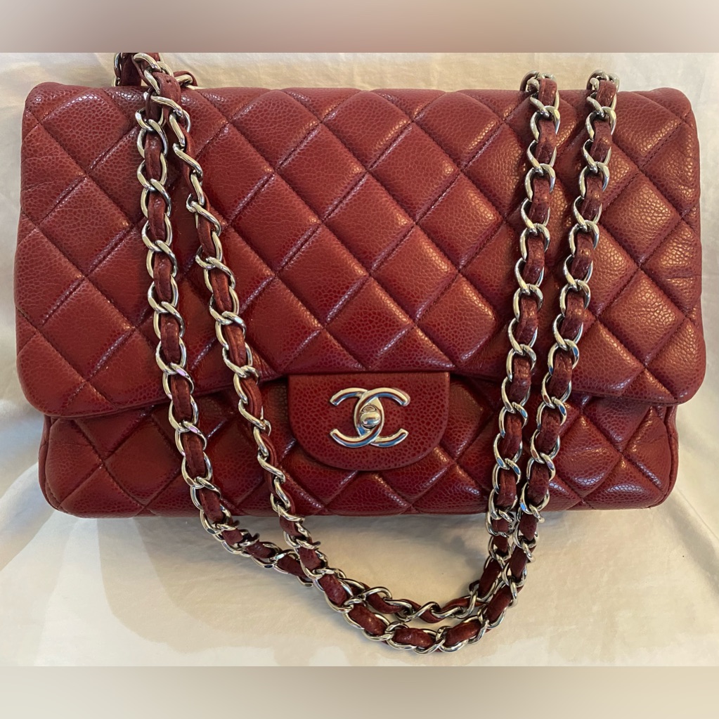 Authentic Vintage Chanel Jumbo Burgundy Red Quilted Single Flap Bag